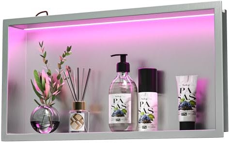 Bernkot Wandnische Dusche Edelstahl mit RGB LED, Wandnische Bad Nische Duschnische Befliesbar mit Fernsteuerung 60cm×30cm, Silber
