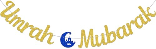 Umrah Mubarak Banner, Eid Dekorationen, Umrah Mubarak Dekoration für Islamische Muslime, Feier Banner für Umrah Mubarak, Ramadan Dekorationen für Heimbedarf Gold Glitter
