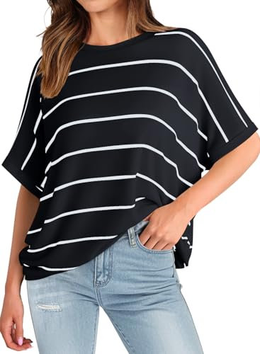 MIHOLL Womens Summer 2025 Striped Tops Batwing Short Sleeve Shirts Crewneck Casual Loose Blouses, 02 Black, M