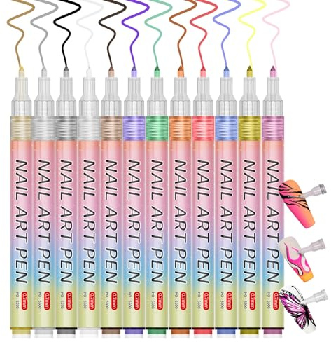 Hinourisha 12 Colours 3D Nail Polish Pen Set, Nail Polish Pens for Nails, DIY Line Nail Art, Graffiti, Nail Tip Design, Decorate Manicure Tools, Nail Polish Pens Nail Design for Nail Art-A011