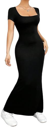 GORGLITTER Women's Square Neck Short Sleeve Maxi Dress Bodycon Pencil Elegant Long Dresses Black Small
