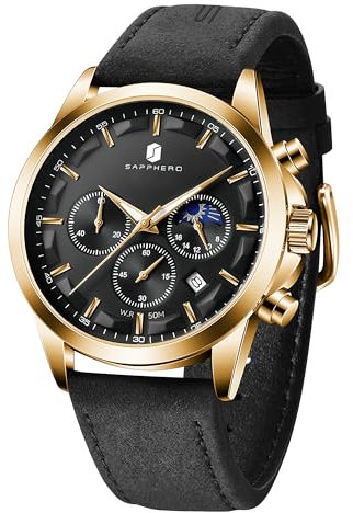 BY BENYAR Uhren Herren Armbanduhr Herren Chronograph Analog Quarz Wasserdicht Schwarz Lederarmband Herrenuhr Leuchtende Datum Mode Lässig Business-Kleid Uhren Elegantes Geschenk fur Männer