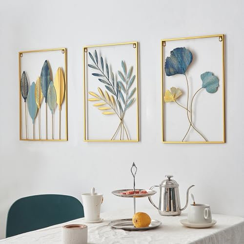 FJS Gold Wanddeko Metall Moderne Wandornament Heimdekoration, 3er Set Metall Wandskulptur, Metallbilder Wanddeko Wohnzimmer Schlafzimmer Küche Dekor (Gold-A)