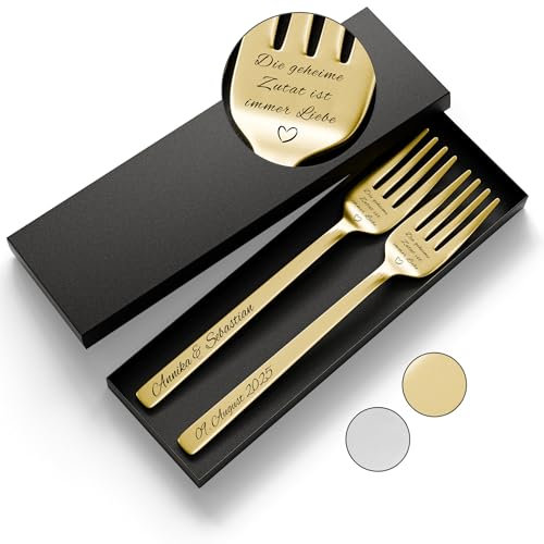 SMARTEON Gabel Set mit personalisierter Gravur – Hochzeitsgeschenke für Brautpaar, Geburtstag, Jubiläum, Geschenkidee für Paare – Kuchengabeln mit Namen mit Geschenkbox (Design 5, Gold)