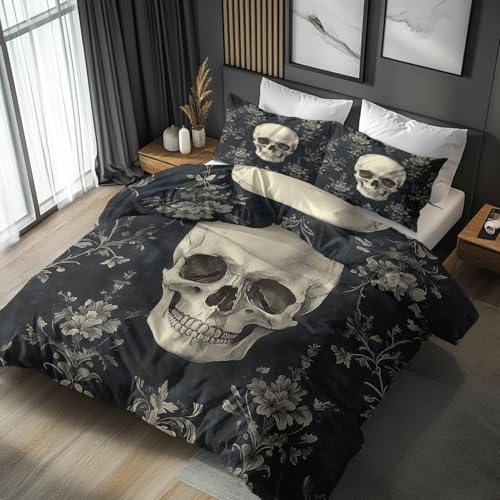 Generisch Totenkopf Bettwäsche 155x220 - Schlafzimmer Deko Gothic Blumen, Totenkopf Bettbezug 155 x 220 3er Set mit 2 Kissenbezug 80x80, Weiche Mikrofaser Sommerbettwäsche mit Reißverschluss