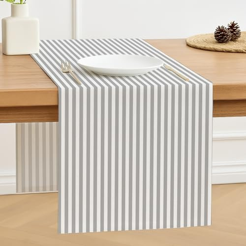 Luzzxfa Tischläufer Grau 40 x 140 cm Streifen Modern Frühling Tischläufer Dekoration Tischdecke Tischdeko Outdoor Leinen Table Runner Abwaschbar für Hochzeit Esszimmer Party Urlaub Dekor