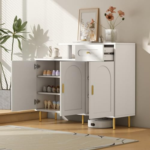 Sweiko Commode avec 1 Tiroir et 3 Portes 120x35x92cm, Meuble à Chaussures avec Poignées et Pieds en Métal, Blanc
