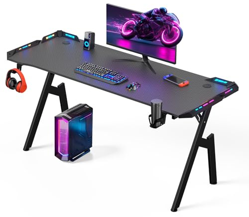 Warmiehomy Gaming Desk with LED Lights 160 x 60cm Computer Desk, Black | RGB Gaming Table with Headphone Hook ,Cup Holder and Mouse Pad. Large Gamer Table for Home Office, Bedroom.