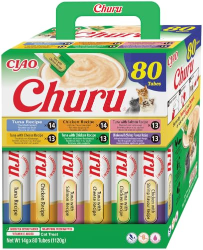 INABA Churu Cat Treat, Chicken & Tuna Variety Box, 80 x 14g | Soft & Creamy Cat Treat, Delicious & Healthy Snack, Lickable Sticks, Purée Food Topper, Natural, Grain Free