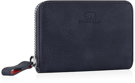 BROWN BEAR Reißverschluss Slim Wallet Geldbörse klein Leder mit Münzfach & RFID-Schutz | Echtleder Vintage Blau | Portemonnaie für Herren & Damen | Mini Geldbeutel BB Kai BU