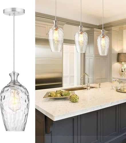Riohan Glas Pendelleuchten Kücheninsel, 1-Licht Nickel-Chrom Kronleuchter Pendelleuchten mit Mundgeblasenem Klarem Glas, Moderne Bauernhaus Hängeleuchte für Küchenspüle Esszimmer Schlafzimmer 16*30cm