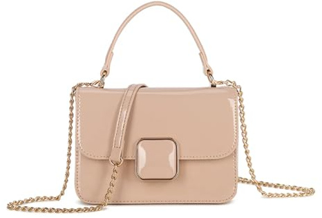 Evening Clutch Purse, Patent Leather, Gold Chain Strap, Hard Case (Nude)