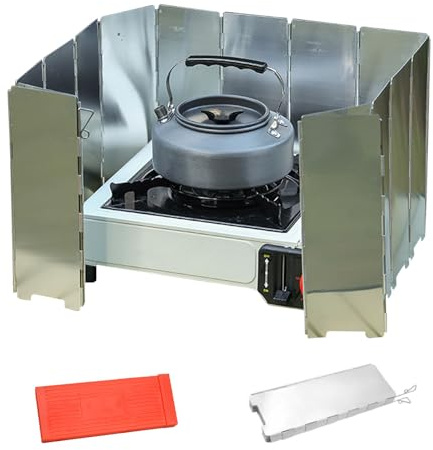 Dinhauyon Campingkocher Windschutz,16 Lamellen Leichter Faltbar Aluminium Windschutz, Windschutzscheibe für Camping-Gasherde, geeignet für Grills, Öfen und Gasherde im Freien（Mit Aufnahmebox）﻿