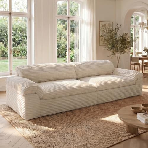 Vesgantti 260CM Compressible Canapé, Canape 3 Places avec Assise Profonde, Velours Côtelé, Moderne Modulable Cloud, pour Salon, Chambre d’Amis, Aucun Assemblage Requis, Beige