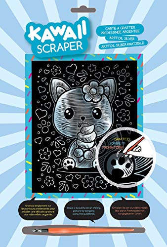 MAMMUT 8251616 - Artfoil, Kratzbild, Tiermotiv, KAWAII, Katze, silber, Komplettset mit Kratzbild, Kratzmesser und Anleitung, Scraper, Scratch, glänzend, Kratzset für Kinder ab 8 Jahre