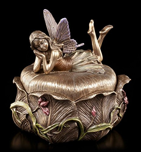 Figuren Shop GmbH Jugendstil Schatulle - Elfe auf Blumenblüte | Veronese Art Nouveau Fee Deko Box