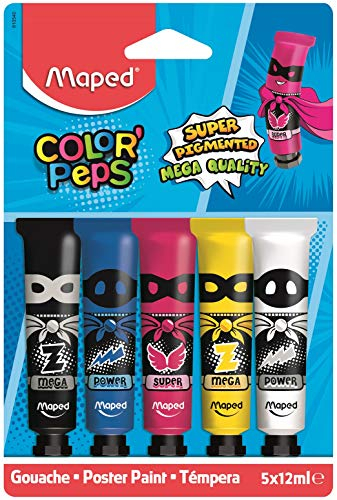 Maped - Peinture Gouache Enfant - 5 Couleurs Intenses Super Pigmentées - Facile à Ouvrir - Bouchon vissé - Couleurs Primaires - 5 Tubes de 12 ml, cyan, magenta, jaune, noir et blanc
