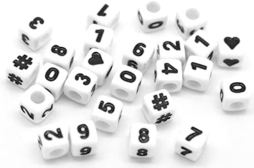 Sadingo Zahlenperlen | 7 x 7 mm - 300 Stück, Würfelperlen Schwarz-Weiss, Perlen zum Auffädeln, eckige Zahlen-Perlen, Perlenmix mit Herz und Hashtag, Bastelperlen für DIY-Schmuck und DIY-Projekte