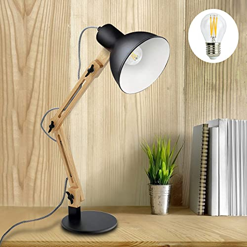 Depuley E27 Tischlampe mit Holzarm Verstellbare Schreibtischlampe mit Druckschalter Klassische Leselampe, Schwarze Nachttischlampe für Büro, Schlafzimmer, Wohnzimmer, Kinderzimmer