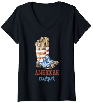 Donna stivali patriottici - bandiera americana cowgirl Maglietta con Collo a V