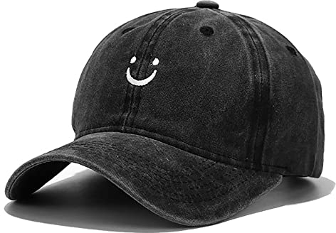 XYIYI Smiley Gesicht Schwarz Vintage Basecap Verstellbare Distressed Washed Baseball Kappe für Damen Herren