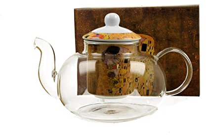 Atelier Harmony Teekanne mit Motiv von Gustav Klimt Der Kuss Glas Teekanne mit Teesieb Porzellan 1000ml und Geschenkkarton