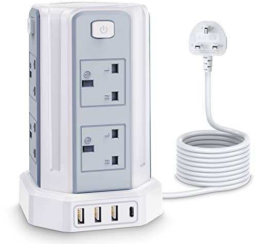 Tower Extension Lead with USB Solts,[13A 3250W] 8 Outlets and 4 USB Charging Ports Surge Protected Power Strip with 3M Long Extension Cord, Tower Charing Station for Home and Office