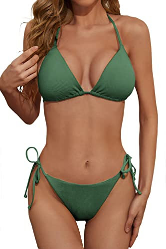 Zuvebamyo Damen Zweiteiliges Bikini Badeanzug Set – Sexy Ripp-Optik Triangle Top, Badeanzüge mit Bindebändern, Cheeky Bikini Sets, Grün , Medium