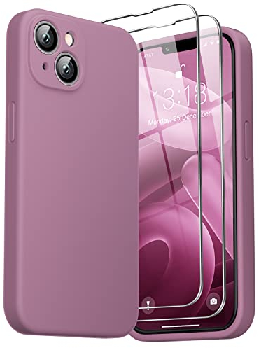 GOODVISH 3 in 1 Designed for iPhone 14 Plus (6.7) Liquid Silicone Case 2022, with 2 Pack Screen Protector, Shookproof, Anti-Scratch Gel Rubber Slim Phone Cover [360° Full Protection], Pink Purple