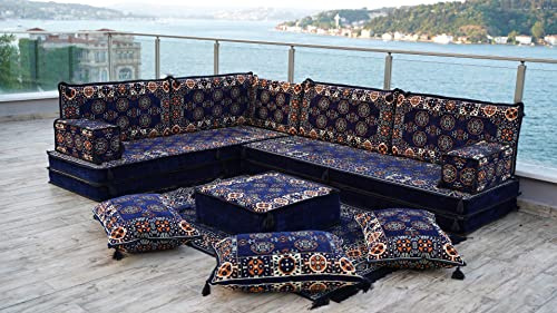 Marineblaues einzelnes arabisches Bodensofa-Set, handgefertigte Wohnzimmer-Bodencouch, arabische Sitzgelegenheiten, marokkanische Wohnzimmer-Wohnkultur (L Sofa Komplettset, 8'' Dicke Sofa (20cm))