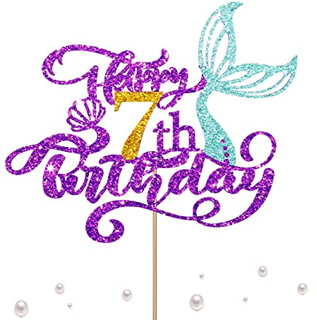 Mermaid 7 Cake Topper, Happy 7th Birthday Cake Decor for Baby Girl, Little Mermaid 7th Birthday Party Decoration, Under the Sea Themed Party Supplies - Purple Glitter