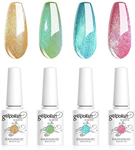 Vishine Lot de Vernis à Ongles Gel, 4 Couleurs Hologram Holographique Doré Vert Bleu Rose Pailleté Vernis Gel Semi-permanent UV LED Gel Soak Off Nail Art DIY Manucure C031