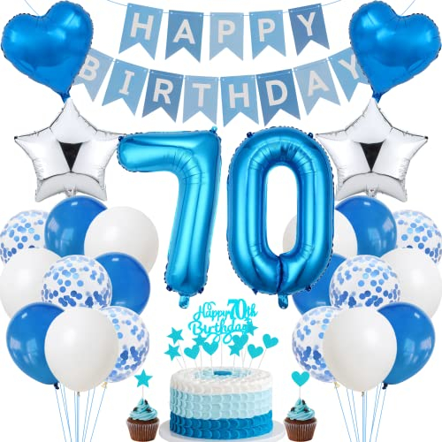 Jrzyhi 70. Geburtstag Dekoration - Blau Tortendeko für Männer und Frauen, Party Deko Silber, Geburtstagsdeko 70 Jahre