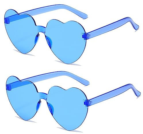SECALIFE 2 Stück herzförmige Sonnenbrillen – mehrfarbig, randlos, übergroß, modische Brillen für Damen, Blau