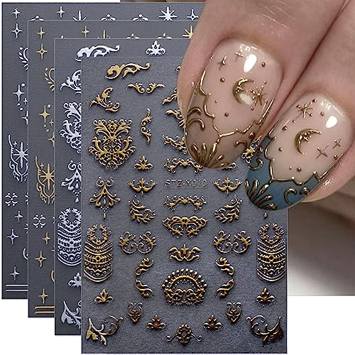 8 Blätter Sonne Mond Stern Nagelsticker,3D Bronzieren Retro Nail Sticker Gold Silber Herz Nagelaufkleber Sterne Nagelsticker Selbstklebend Frauen Nail Art Nageldesign Nailart Aufkleber Nägel Zubehör