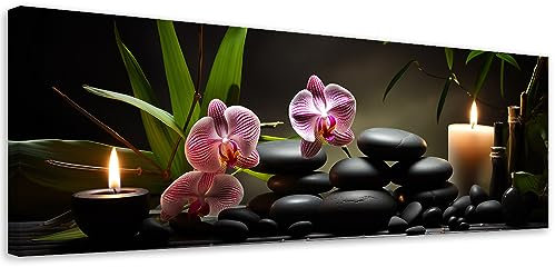 Feeby Bilder Orchidee Zen Spa 90x30 cm 1 tlg Modern Leinwandbilder Bild auf Leinwand Kunstdruck Wand Bild Wanddeko Design Schlafzimmer Büro Flur Hotel Spa Wohnzimmer Wasser Kerzen Steine Schwarz