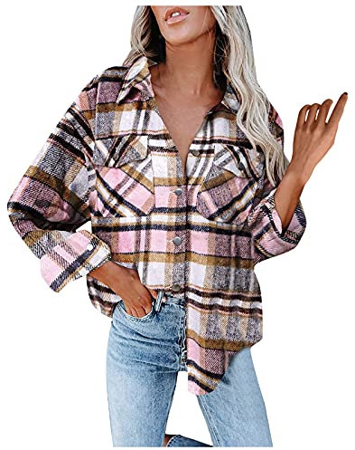 riou Veste Chemise Femme à Carreaux Manches Longues Blouse Manteau Chemises en Flanelle à Carreaux pour Femme Élégant Cardigan Pull Tops Pull Automne Hiver Hoodie avec Boutons, 4-Rose, XL