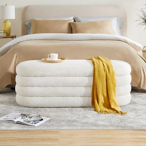 Busaurus Storage Ottoman Bench 49.2 Inch Upholstered Fabric Storage Bench for Bedroom End of Bed Aesthetic Large Oval Ottoman for Living Room Entryway (Ivory)