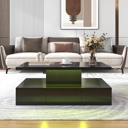 KecDuey Couchtisch, 100 x 50 x 39cm Wohnzimmertisch mit Schubladen, Hochglanzlackierung, Beistelltisch mit Zwei Ablageebenen Kaffeetisch mit LED-Licht (Schwarz)