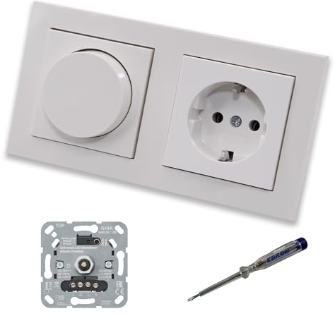 GIRA 245500 LED Drehdimmer Dimmer + Dimmerscheibe Zentralscheibe 065003 und Steckdose 418803 in Gira E2 reinweiß glänzend inklusive EBROM Phasenprüfer zur Montage der Geräte