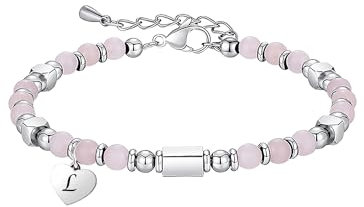 HAYOUWAY 4mm Rosenquarz Edelstein Armband Damen Mädchen mit Buchstaben Charm Heilsteine Armband, Naturstein Armbänder Geschenke für Frauen Mädchen Beste Freundin Geburtstag, Chakra Perlenarmband Damen