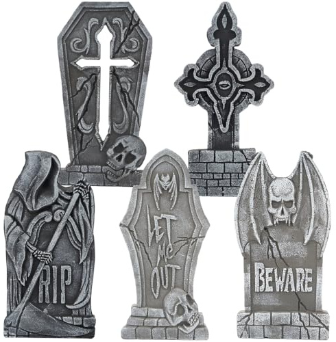 JOYIN Halloween-Grabsteine für den Außenbereich, 43,2 cm, 5 Stück, Halloween-Friedhofs-Schaumstoff-Grabsteine, Dekoration mit 12 Metallpfähle für Requisiten, Friedhof, Rasen, Dekorationen