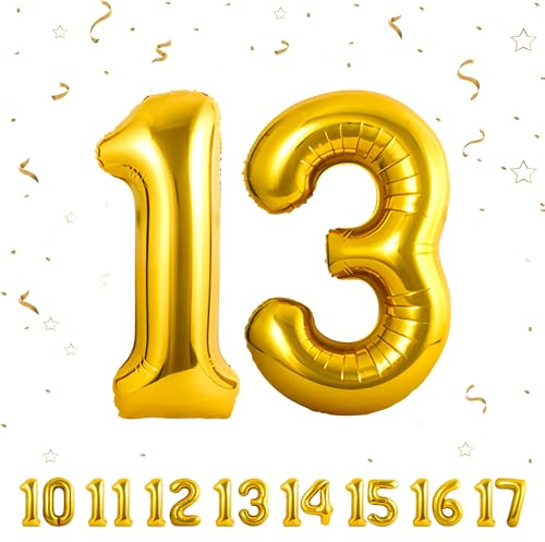 13 Geburtstag Deko zahlen luftballon 13 jahre | Folienballon Gold - für 13. Geburtstagsdeko Männer Frauen Ballon Zahl Deko zum Geburtstag fliegt mit Helium 13.Geburtstagsparty 40-101cm