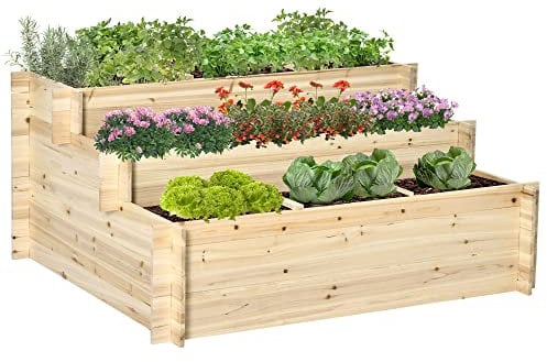Outsunny Jardinière sur Pieds à 3 Niveaux carré Potager de Jardin avec 9 Compartiments en Tissu Non tissé et Bois de Sapin dim. 117L x 100l x 54H cm Bois Naturel