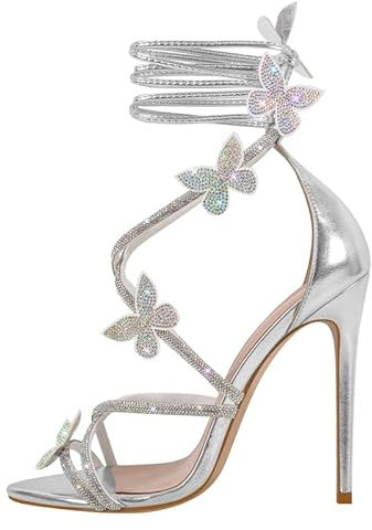 blingqueen Sandali con glitter a spillo con farfalla, argento, 37 EU