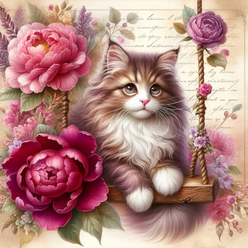Generisch Diamond Painting Katze und Pfingstrose, DIY 5D Diamant Painting Bilder Erwachsene, Diamond Painting Set Erwachsene Tiere Diamant Malerei für Home Wand Décor 30 x 30 cm