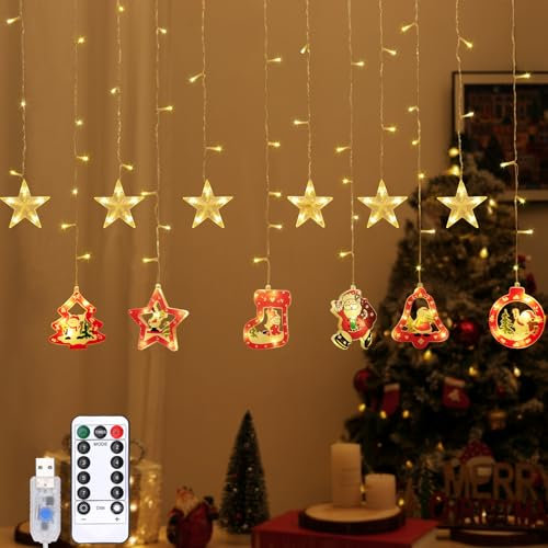 Lewondr 138 LED Weihnachtsvorhang Lichter, Weihnachtsmann Schneemann hängende Lichterkette mit 6H Timer & 8 Modi, USB Betriebene Lichterkette, Weihnachtsdekoration für Indoor Ornament, Warmes Licht