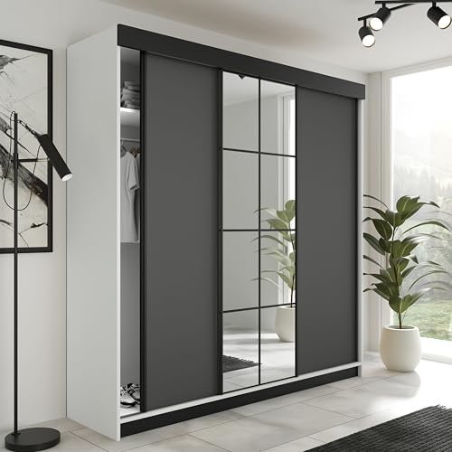 KIER FURNITURE Schiebegarderobe LAMARO mit Spiegel - Schrank Schlafzimmer – Schlafzimmerschrank – Wardrobe Bedroom – Kleiderschränke – Kleiderschrank - 200x205x59cm - Weiß & Graphit