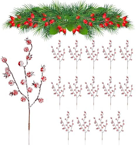 NAROSEBE 15 Stück Künstliche Rote Beeren Gefälschte Beerenzweige Künstliche Beerenstängel mit Schnee Kunst Beeren Deko Weihnachtsbeeren Stechpalmenbeeren Zweige für Weihnachten, Hochzeit, Handwerk