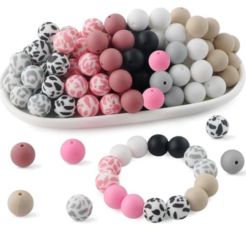 Tlarsun 70PCS Print Silicone Beads 15mm Round Silicone Beads for Keychain Pens Lanyards Bracelet Necklace Jewelry Making DIY Craft
